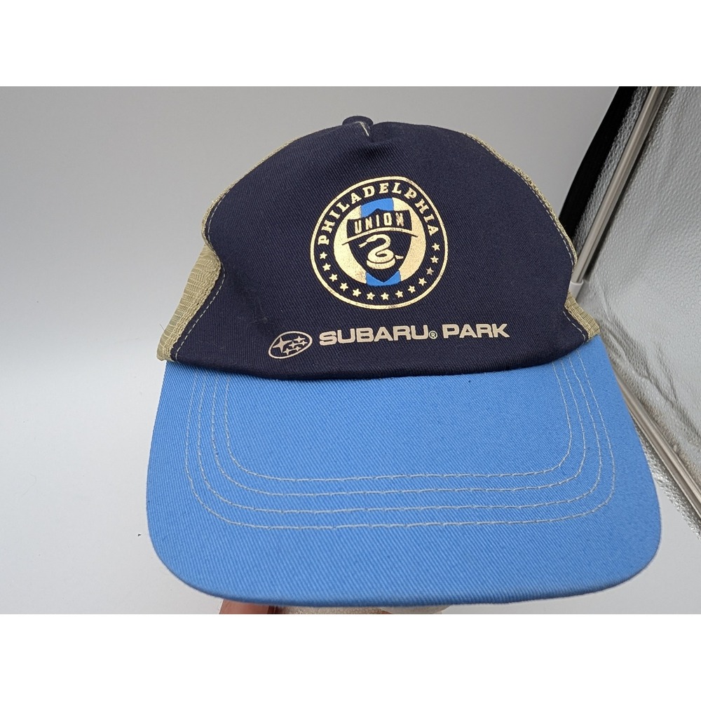 Philadelphia Union Subaru Park MLS Soccer Trucker Hat Snapback Navy Blue Tan